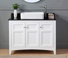 Benton Collection 42" Triadsville White Vanity with Black Granite Top, Vessel Style Bathroom Sink, Soft-Closing Doors, Full Extension Drawer, Brushed Nickel Hardware