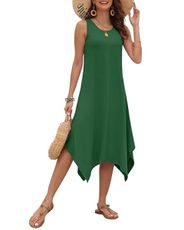 AUSELILY Women's Summer Dresses 2025 Casual Sleeveless Sundress Asymmetrical Hem Midi Tank Beach Dress with Pockets Dark Green M