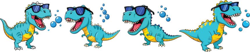 Cool cartoon dinosaur wearing sunglasses, funny blue T-Rex character with bubbles, happy smiling prehistoric animal illustration, playful dino mascot, vector design