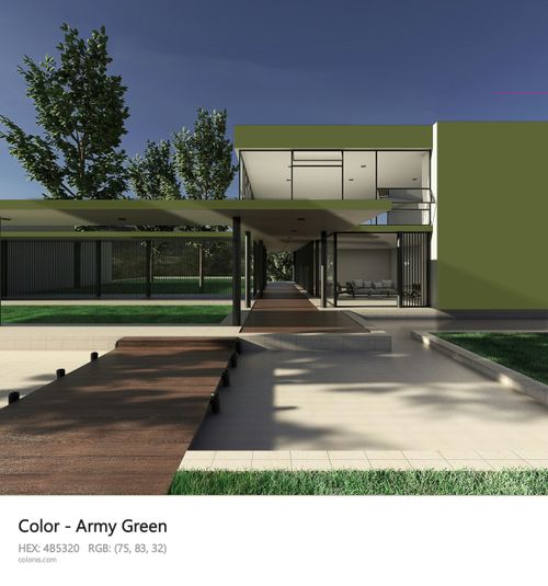 Army Green Color exterior design modern house with walkway