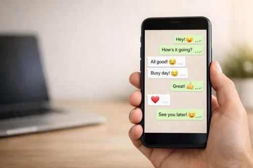 Modern smartphone showing a messaging chat with emojis on screen, illustrating WhatsApp emoji meanings guide (2026) on a desk with laptop in background.