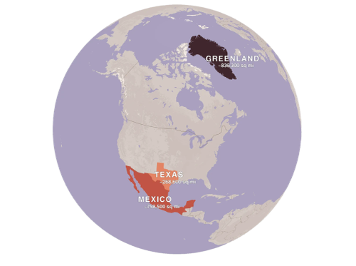 Stylized globe map comparing Greenland, Texas, and Mexico by area, with each region labeled and highlighted in contrasting colors.