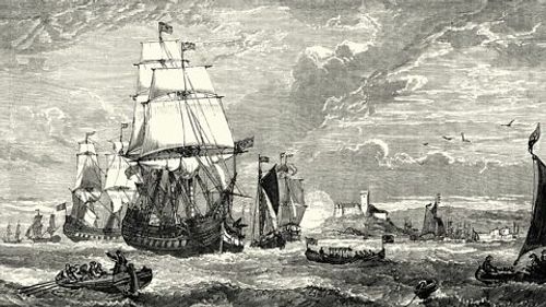 The first fleet of East India Company ships leaving England in 1601.