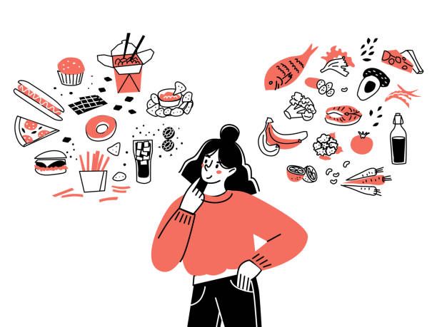 Personagem feminina escolhe entre comida saudável e não saudável. Comparando fast food e cardápio balanceado. O conceito de dieta saudável. Personagem feminina escolhe entre comida saudável e não saudável. Comparando fast food e cardápio balanceado. O conceito de dieta saudável. Ilustração vetorial. Ilustrações de comida e bebida em desenho animado