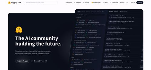 Hugging Face平台界面，展示访问200万+模型、数据集和应用程序的功能