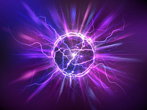 Electric ball or plasma sphere with rays, realistic vector illustration. Abstractt ball lightning with burning flash or powerful electric discharges isolated at night background. Magical energy design