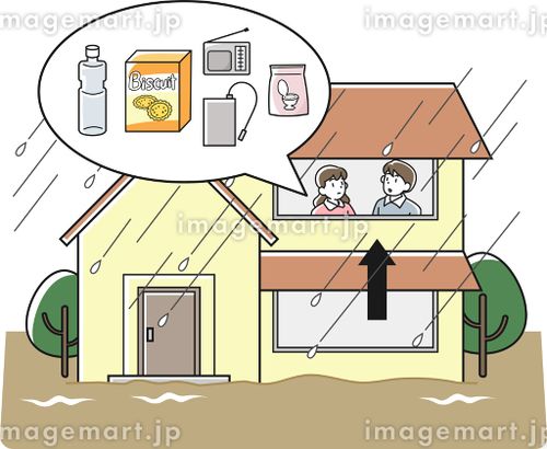 水害時に建物の二階へ避難する人と防災用品 非常用トイレ,床上浸水,白バックのイラスト素材