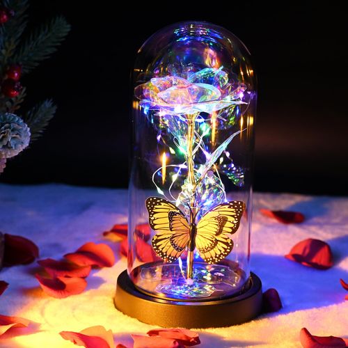 LADADA Galaxy Rose Crystal Rose Gift Glass Rose in Dome Automatic Color Change Led Light String on The Crystal Rose Unique...