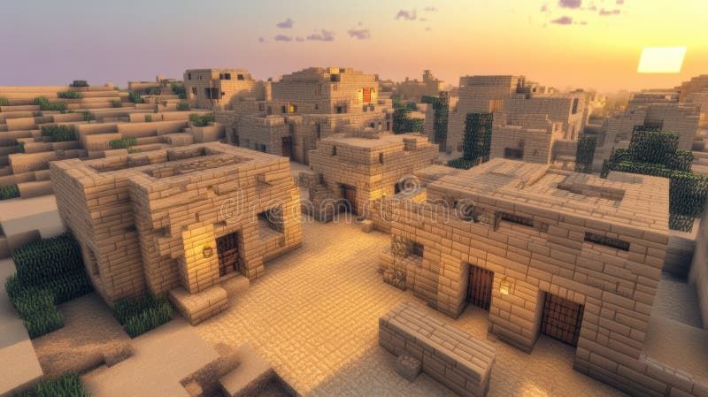 A picturesque Minecraft desert village at sunset. Simple, sandy-colored buildings are nestled amongst sparse vegetation, bathed in warm, golden light. The scene evokes a sense of peace and tranquility. Minecraft gameplay illustrations
