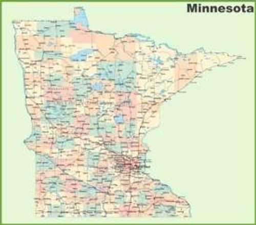 Road map of Minnesota with cities