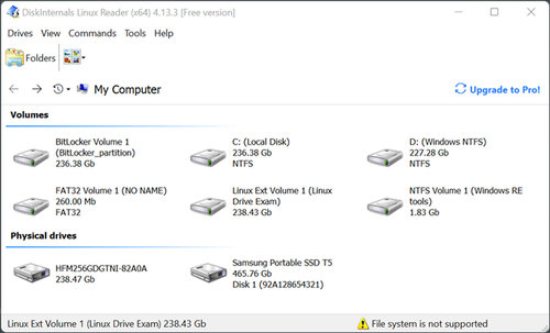 The Linux Reader main page showing all of the drives attached to the example PC.