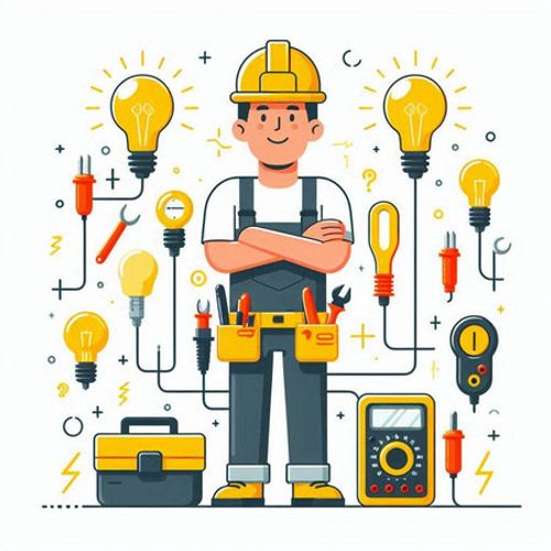 Electrician with different tools vector illustration in flat cartoon style Stockfoto