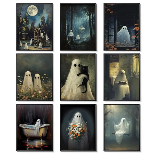 Vintage Halloween Wall Art Posters Prints Set of 9 - Vintage Spooky Ghost Canvas Halloween Wall Decor, Horror Creepy Dark ...