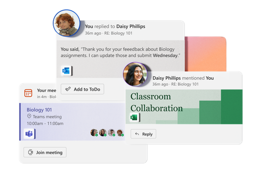 Screenshots showing virtual collaboration features of Microsoft 365 for students and educators