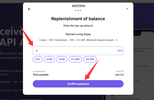 获取用于接收Claude验证码的国外虚拟手机号码第三步：填写充值金额（最低3美元），并使用支付宝扫码完成付款