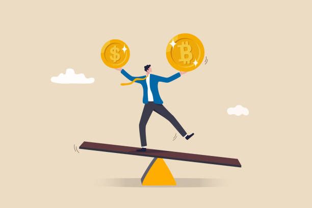 Investment portfolio with Bitcoin or crypto currency, buy or sell trading, crypto market exchange value concept, businessman investor or trader balance portfolio with dollar coin and bitcoin. Investment portfolio with Bitcoin or crypto currency, buy or sell trading, crypto market exchange value concept, businessman investor or trader balance portfolio with dollar coin and bitcoin. balanced portfolio stock illustrations
