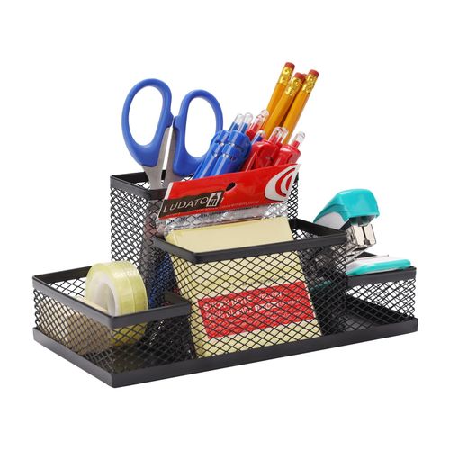 Ludato Desk Organizers Pen Holder for Desk, 4 Compartments Black Mesh Pen Holder Storage for Office Desk Accessories