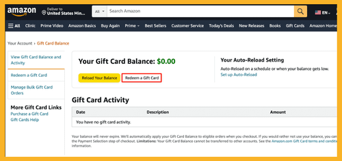 An image of the gift card balance section on amazon.