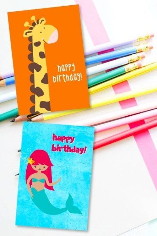 Free Printable birthday cards for kids. Cute giraffe birthday card. Sweet printable mermaid birthday card
