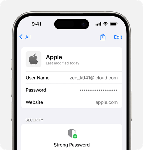 Find a saved password in the Passwords app.
