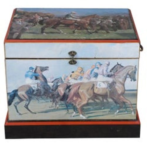 Vintage Equestrian Horse Racing Toy Keepsake Storage Box Blanket Chest Trunk