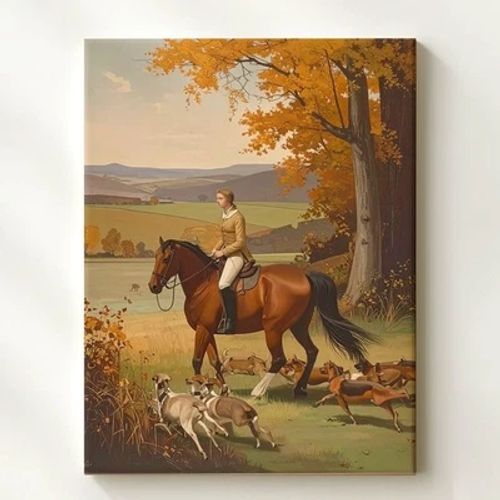 Wall Art Fox Hunt Canvastraditional Oil Painting Of Rider & Hounds - Image 1 of 4