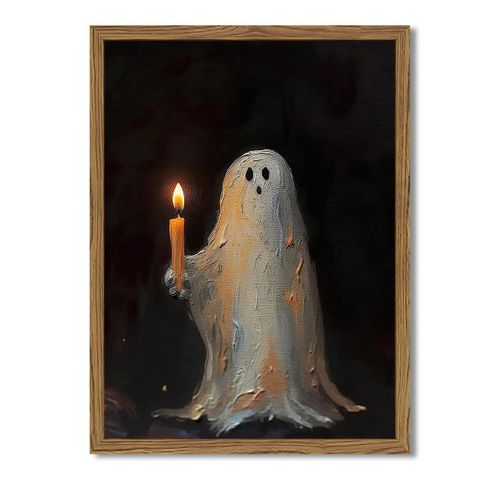 Framed Vintage Halloween Ghost Canvas Wall Art, Cute Ghost Holding Candle Pictures Wall Decor, Spooky Gothic Dark Academia Pa