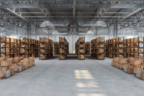 distribution warehouse with cardboard boxes on the racks and on the floor - import stock pictures, royalty-free photos & images