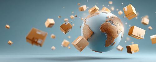 Global shipping delivery cardboard box earth logistics worldwide transport parcel distribution export import freight cargo postal courier fast