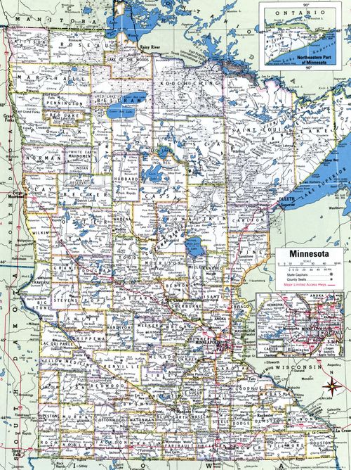 Minnesota map with counties. Detailed map of Minnesota's counties with cities and villages