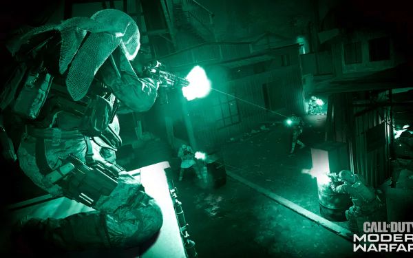 Night-vision Call of Duty: Modern Warfare scene, soldiers firing in an urban alley at night, muzzle flashes and tracers. 4K Ultra HD PC desktop wallpaper/background.