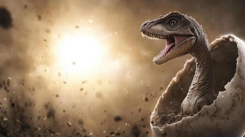 A dinosaur is in an egg. The egg is cracked open and the dinosaur is sticking out. The dinosaur is looking at the camera photo