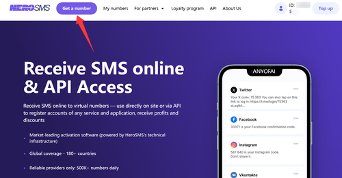 获取用于接收Claude验证码的国外虚拟手机号码第四步：点击导航栏中的“Get a number”选项