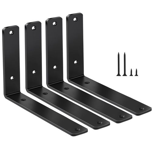 4 Pack - L 6" x H 4" x W1.5, 5mm Thick Black L Shelf Bracket, Iron Shelf Brackets, Metal Shelf Brackets, Floating Shelf, S...