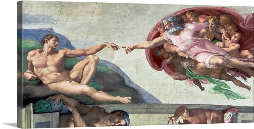 Landscape artwork on a large canvas of The Creation of Adam from the Sistine Chapel Ceiling. God reaching toward Adam as ...