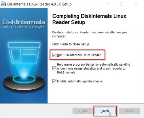 Installer Linux Reader, cocher ouvrir Linux Reader et cliquer sur Finish