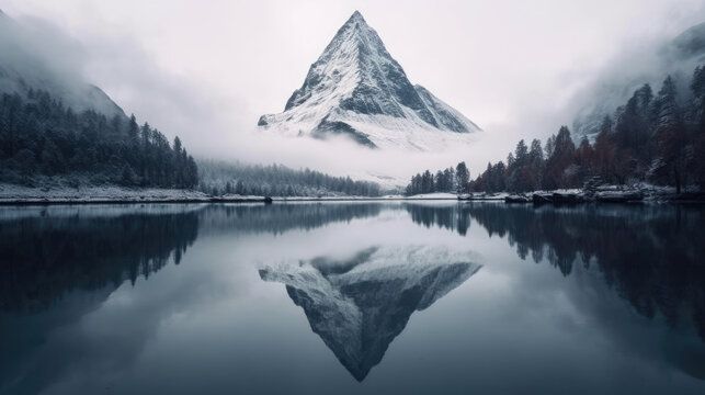 Breathtaking Snow-Capped Mountain with Reflection on Lake with Fog