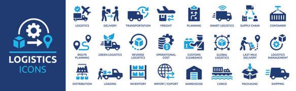 Logistics icon set. Containing distribution, shipping, transportation, delivery, cargo, freight, route planning, supply chain, export and import icons. Solid icon collection.
