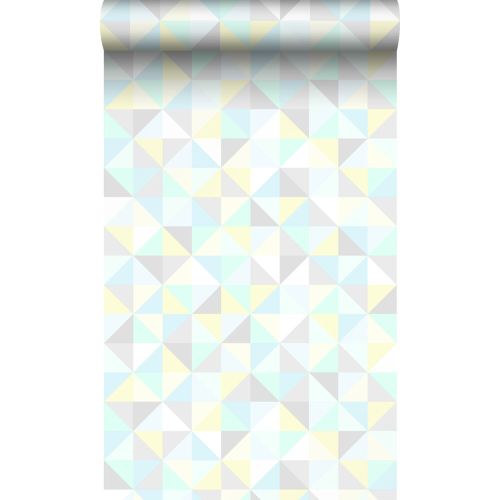 wallpaper triangles mint green, pastel yellow, pastel blue, light warm gray and shiny silver grey