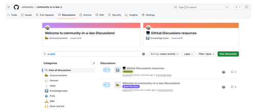 Screenshot of the Community-in-a-Box discussions page, with discussions titled "Welcome to community-in-a-box discussions!" and "GitHub Discussions resources" pinned to the top of the page.