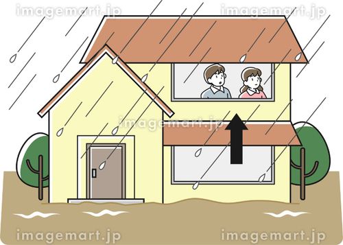 水害時に建物の二階へ避難する人 床上浸水,白バック,集中豪雨のイラスト素材