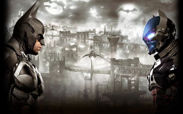 HD PC desktop wallpaper from the video game Batman: Arkham Knight, featuring Batman facing off against an armored adversary over a dark, foggy Gotham City skyline.