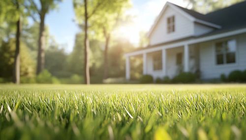 A serene view of a grassy lawn in front of a house during daylight. photo