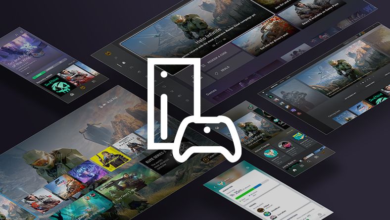 Un collage de imágenes de la interfaz de usuario de XBOX, superpuestas con el contorno de una XBOX Series&nbsp;X
