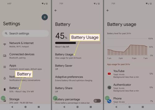 Battery and Battery Usage highlighted in Android settings