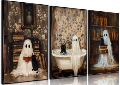3Pcs Halloween Ghosts Posters Wall Art Vintage Cute Library Ghost Reading Books Funny Gothic Wall Decor Pictures Retro Hor...