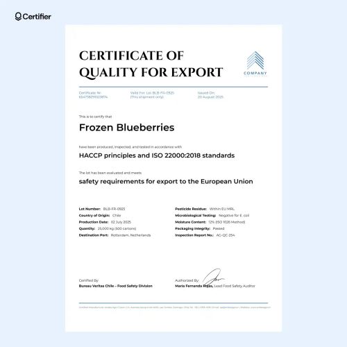 Certificate of quality for export template with dual-column layout and HACCP fields.
