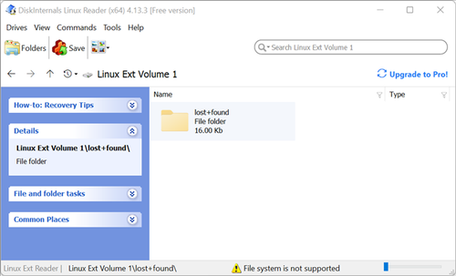 Linux Reader showing the only folder on the Ext4-partitioned drive.