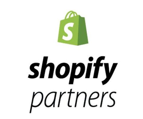 the shopify partners logo is shown in black and white with green shopping bags on it