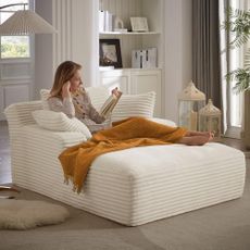 HRVEOCEI 67" Chaise Lounge Indoor, Oversized Chaise Lounge Chair with 3 Comfy Pillows for Living Room Bedroom, Wide Arms Corduroy Fabric High-Density Foam No Assembly Required (White)